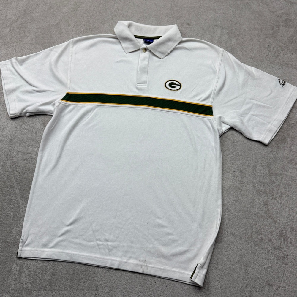 Vintage Green Bay Packers Polo Shirt Mens Medium White Reebok‎ NFL PlayDry Y2K